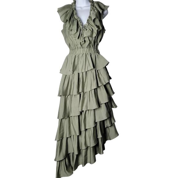 Elliatt XS Sage Green Ruffle Tiered Maxi Dress Asymmetrical Hem Boho Formal - Picture 1 of 11